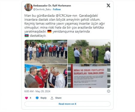Səfir: Almaniya Azərbaycanın Qarabağdakı yenidənqurma səylərini dəstəkləyir