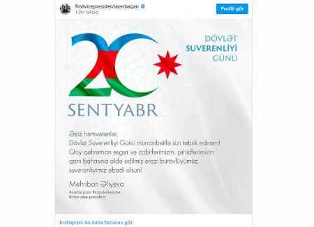 Mehriban Əliyeva Dövlət Suverenliyi Günü münasibətilə Azərbaycan xalqını təbrik edib